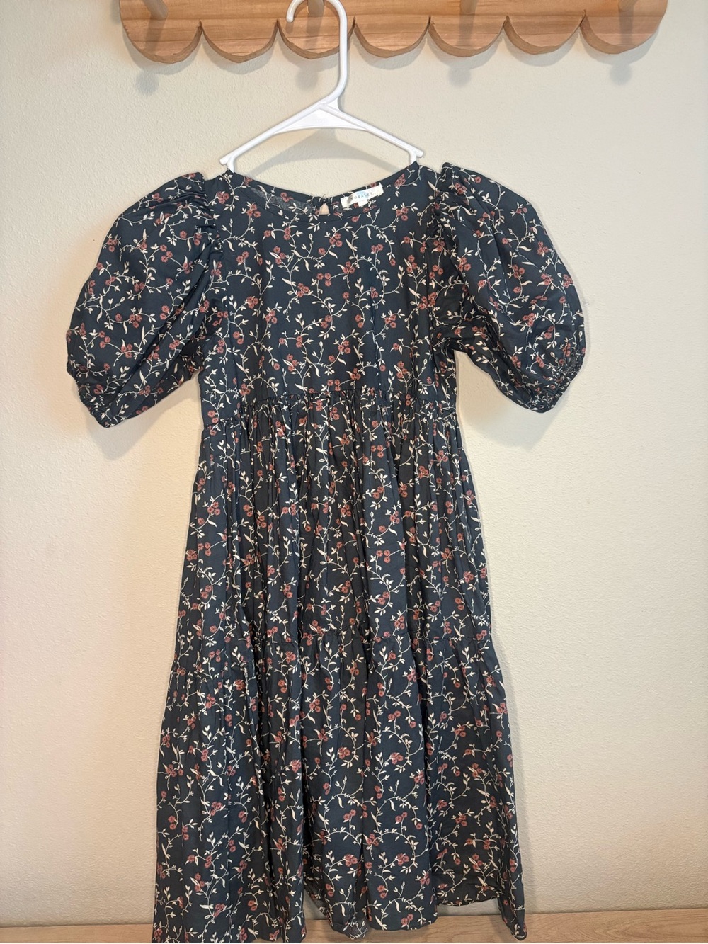 Girls Navy Floral Puff-Sleeve Dress